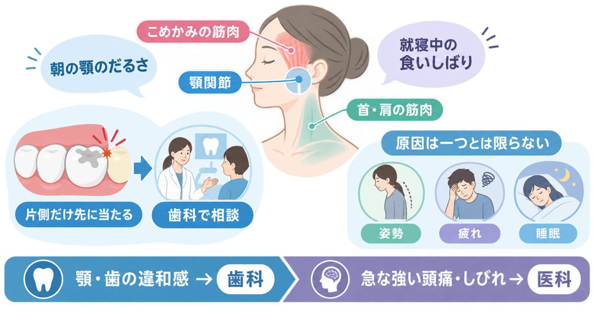 朝の顎のだるさと肩こり・頭痛、噛み合わせや食いしばりは関係する？